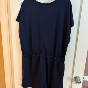 Navy blue shorts, romper tie, adjustable waist zipper on back